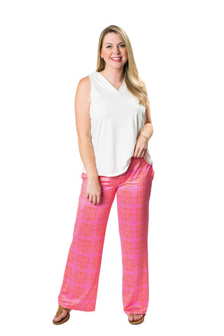 Pink with orange Greek key print wide-legged palazzo pants with drawstring waist and two side pockets