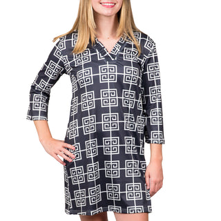 Ruffle collar , 3/4 sleeve dress in Black and White Greek Key