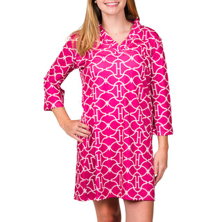 Ruffle collar , 3/4 sleeve dress in Pink Trellis