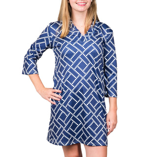 Ruffle collar , 3/4 sleeve dress in Navy and White Diamond