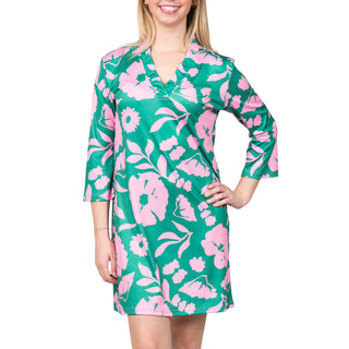 Ruffle collar , 3/4 sleeve dress in Pink and Green Cosmos