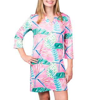 Ruffle collar , 3/4 sleeve dress in Pink and Green Watercolor