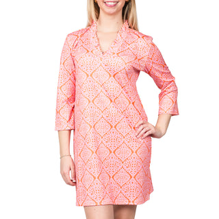 Ruffle collar , 3/4 sleeve dress in Pink and Orange Damask