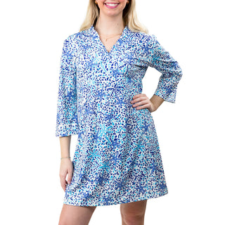 Ruffle collar , 3/4 sleeve dress in Blue Multi Starfish