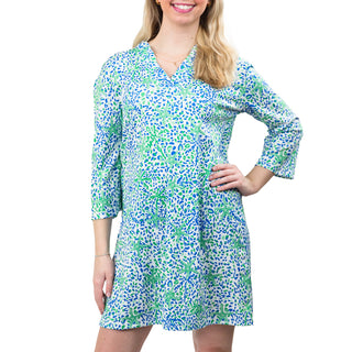 Ruffle collar , 3/4 sleeve dress in Green and Blue Starfish