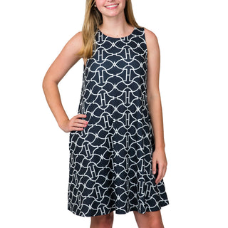 Sleeveless A-line dress with pockets in Black Trellis