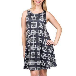 Sleeveless A-line dress with pockets in black and white greek key