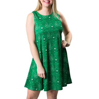 Sleeveless A-line dress with pockets in Green Bandana