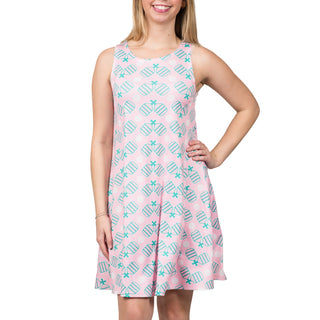 Sleeveless A-line dress with pockets in pink and green pickleball