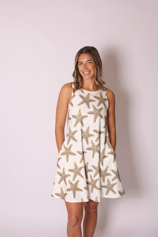 Sophia Dress in Pink Coral Reef print, lightweight A-line travel style.