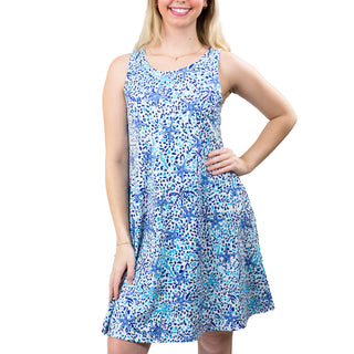 Sleeveless A-line dress with pockets in blue multi starfish