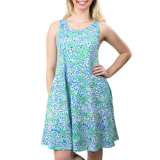 Sleeveless A-line dress with pockets in green and blue starfish