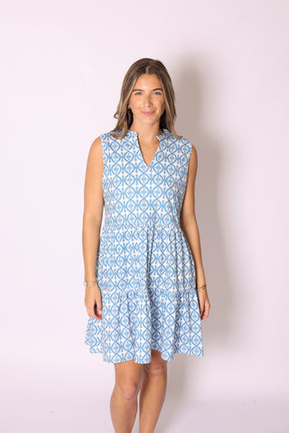 Maddie Dress in blue floral print, breezy sleeveless summer dress.