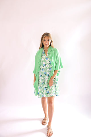 Maddie Dress in hydrangea blue print, chic sleeveless tiered dress.