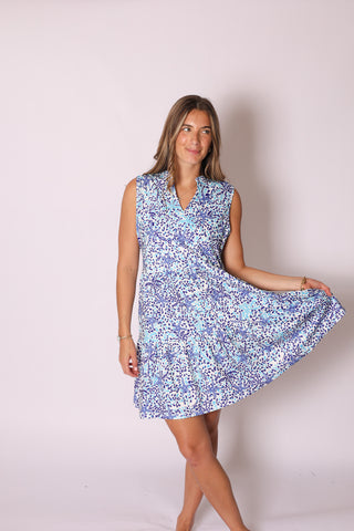 Maddie Dress with starfish print, sleeveless tiered beach dress.