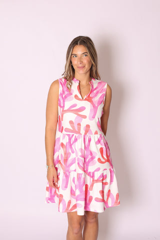 Maddie Dress in white and coral pattern, playful sleeveless sundress.
