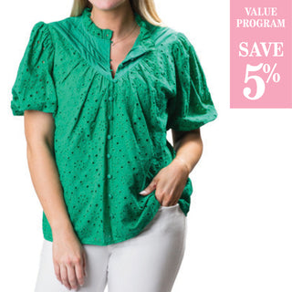 green eyelet shirt sold in size assortment