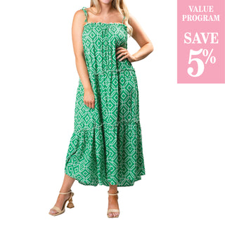 Green and White Octagon strappy tiered maxi dress