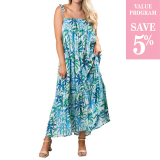 Green and Blue Palm Trees strappy tiered maxi dress