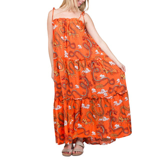 Strappy tiered dress in orange dragon