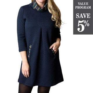 Quilted, navy dress with front pleat and navy plaid accents