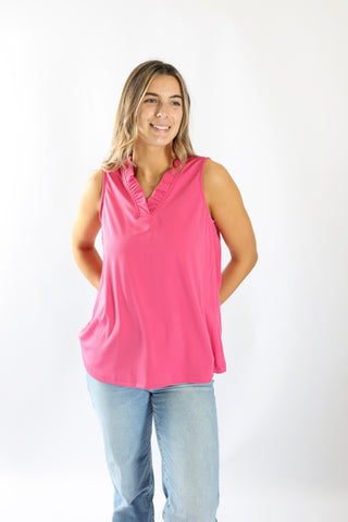 Pink Sunny Top tank with ruffle V-neck styled casually with denim