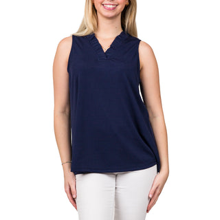 Ruffle V-neck tank top in Navy