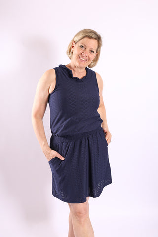 Navy skort with elastic waist, photographed front view