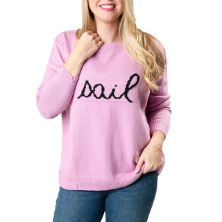 Pink crewneck sweater with Sail cursive letters