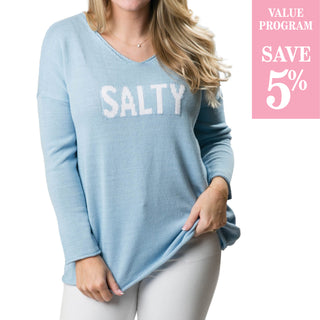 light blue v-neck sweater with SALTY in white block letters