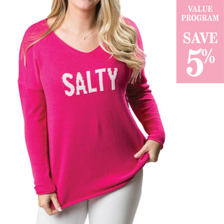 Pink v-neck sweater with Salty in white block letters