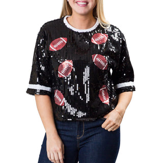 Black sequined shirt with footballs