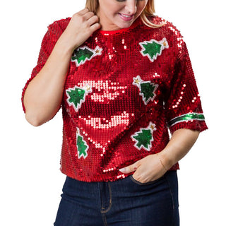 Red sequined shirt with green sequined Christmas trees