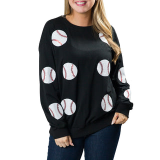 Black sweatshirt top with sequin baseballs