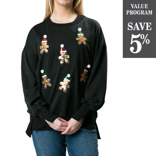 Black high low sweatshirt with sequined gingerbread figures