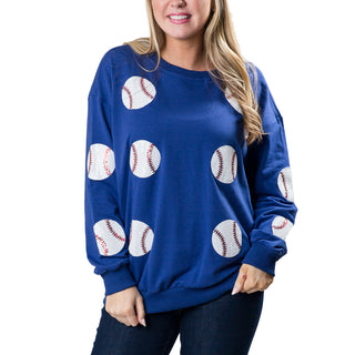 Blue sweatshirt top with sequin baseballs