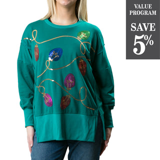 Green sweatshirt with sequined multicolorholiday lights