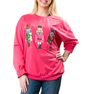 Hot Pink sweatshirt with multicolor sequined nutcrackers