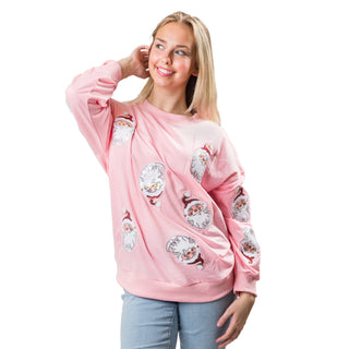 pink french terry shirt wiht santa faces in glitter