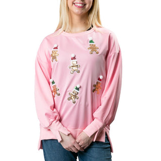 High Low holiday sweatshirt with sequined gingerbread men 