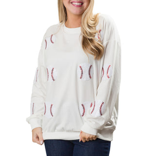 White sweatshirt top with sequin baseballs