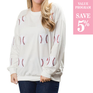 white sweater with baseballs sold in size assortment