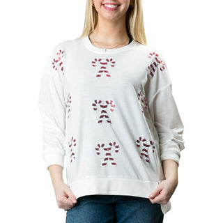 High Low holiday sweatshirt with sequined candy canes 