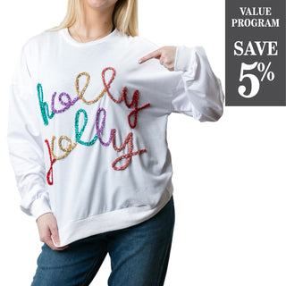 White sweatshirt with multicolor Holly Jolly