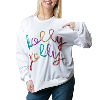 White sweatshirt with multicolor metallic holly jolly