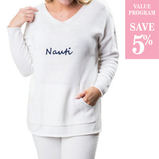 white sweater with navy Nauti sold in size assortment