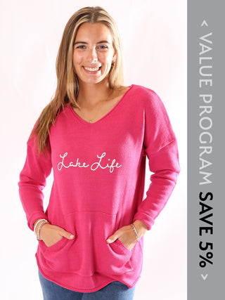 Pink Lake Life sweater sold in size assortment