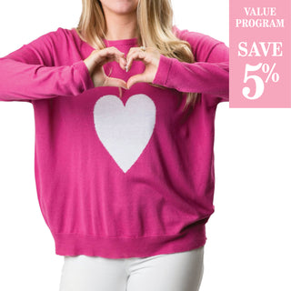 hot pink crew neck sweater with white heart