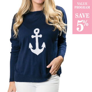 navy crewneck sweater with white anchor