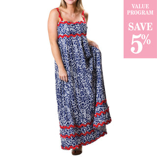 blue pattern with red rickrack maxi dress sold in size assortment